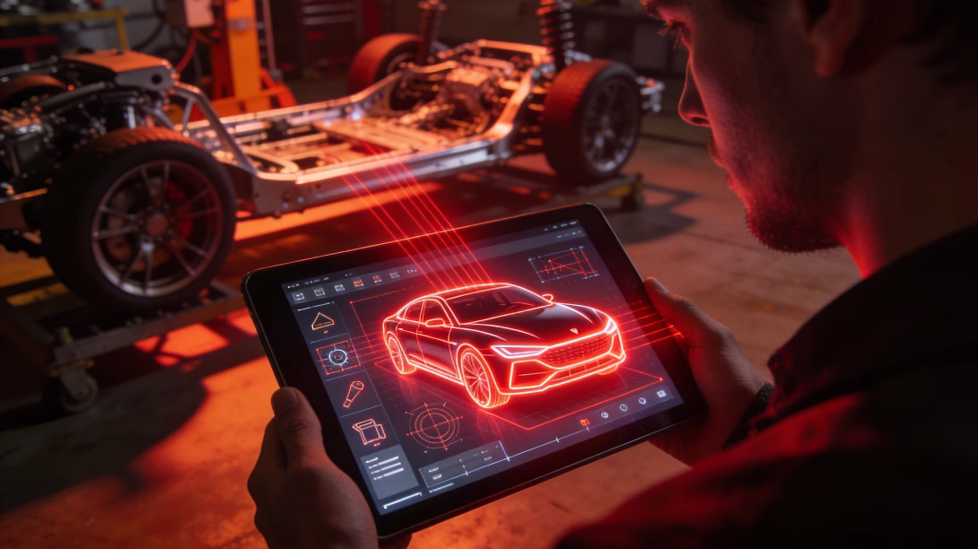 Man watching a car prototype on a tablet.